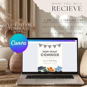 May include: A laptop screen shows a birthday invitation template with a monster truck theme. The invitation reads "BOOM! CRASH! CONNOR" and "Connor's 9th Birthday." The image also includes text about using Canva for self-editing and what you will receive.