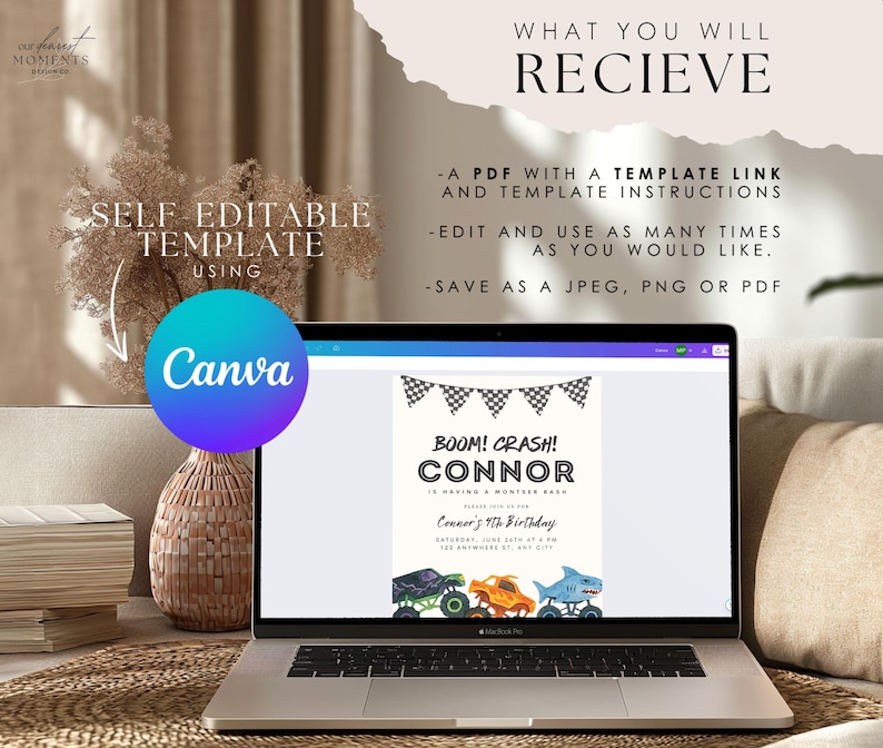 May include: A laptop screen shows a birthday invitation template with a monster truck theme. The invitation reads "BOOM! CRASH! CONNOR" and "Connor's 9th Birthday." The image also includes text about using Canva for self-editing and what you will receive.