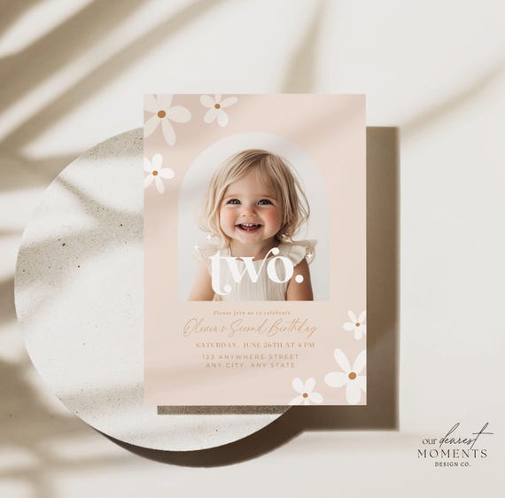 Editable Second Birthday Invitation Daisy Boho Retro 2nd Birthday Party Invite Minimalist 2 nd Birthday Girl Instant Digital Download Two