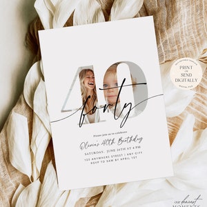 40th Birthday Invitation Template 40 th Digital Invite with Photo Instant Download Forty and Fabulous Minimalist Boho Birthday Printable