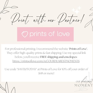 Pode incluir: Um ret&acirc;ngulo rosa com o texto "prints of love" e um &iacute;cone de cora&ccedil;&atilde;o. O texto "Print with our Partner!" est&aacute; acima do ret&acirc;ngulo. O texto abaixo do ret&acirc;ngulo diz: "Para impress&atilde;o profissional, recomendo o site 'Prints of Love'. Eles oferecem impress&otilde;es de alta qualidade e envio r&aacute;pido. Use meu link especial abaixo, voc&ecirc; receber&aacute; frete GR&Aacute;TIS e envelopes: https://printsoflove.com/ref/OURDEARESTMOMENTS Use o c&oacute;digo "SAVEIOTODAY" no Prints of Love para 10% de desconto em seu pedido de &euro; 49 ou mais!"