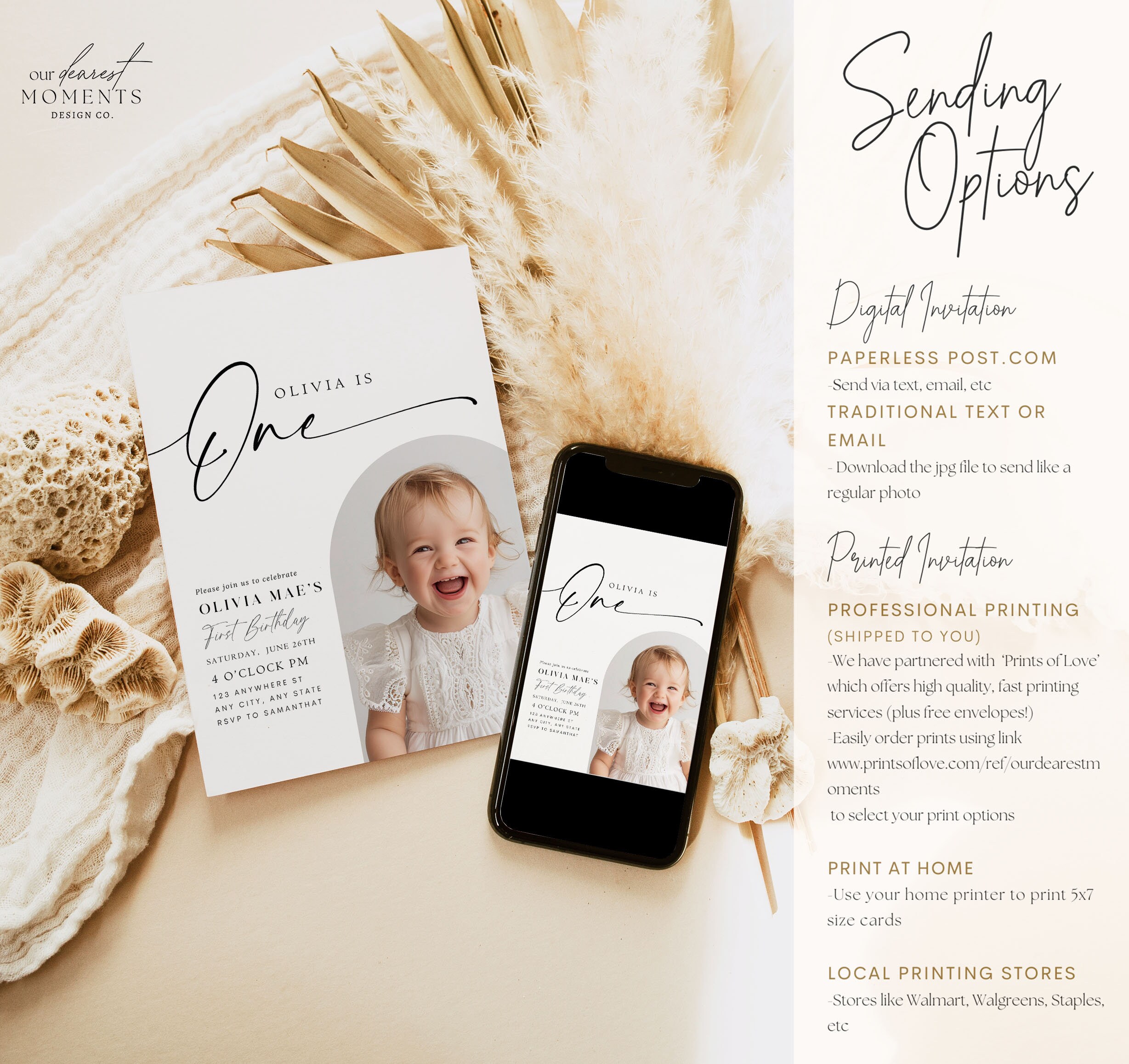 Sos Invite Editable First Birthday Invitation Minimalist 1st Birthday for Girl ...