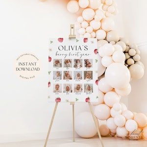 K&ouml;nnte beinhalten: Ein druckbarer Foto-Collage zum ersten Geburtstag mit Erdbeer-Motiv. Die Collage tr&auml;gt den Titel "Olivia's Berry First Year" und bietet 12 Fotopl&auml;tze f&uuml;r jeden Monat des Jahres. Die Collage ist mit einem wei&szlig;en Hintergrund gestaltet und zeigt rote Erdbeeren, gr&uuml;ne Bl&auml;tter und wei&szlig;e Blumen.