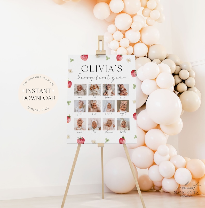 K&ouml;nnte beinhalten: Ein druckbarer Foto-Collage zum ersten Geburtstag mit Erdbeer-Motiv. Die Collage tr&auml;gt den Titel "Olivia's Berry First Year" und bietet 12 Fotopl&auml;tze f&uuml;r jeden Monat des Jahres. Die Collage ist mit einem wei&szlig;en Hintergrund gestaltet und zeigt rote Erdbeeren, gr&uuml;ne Bl&auml;tter und wei&szlig;e Blumen.