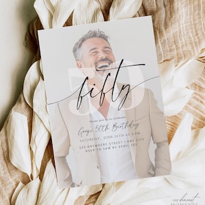 50th Birthday Invitation Template 50 th Digital Invite with Photo Instant Download Fifty and Fabulous Minimalist Birthday Printable Him Her