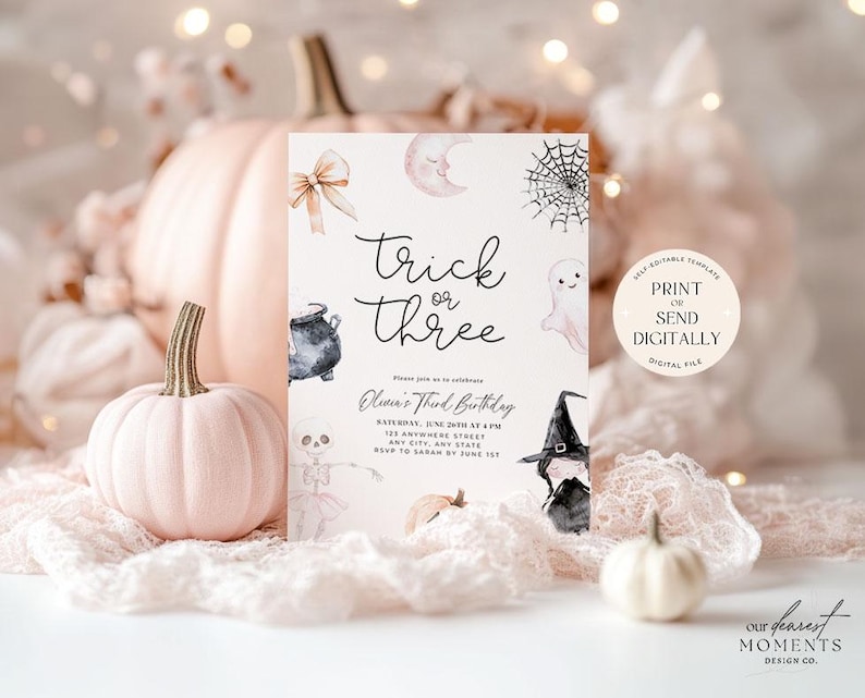 May include: A printable Halloween party invitation in pink and white. The invitation features a cute illustration of a witch, a ghost, a cauldron, and a spider web. The text on the invitation reads "Trick or Three" and includes details for a third birthday party.