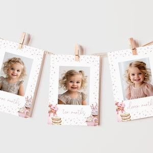 May include: Three white photo cards with pink and gold sprinkles, each featuring a photo of a baby girl and the text "nine months", "ten months", and "eleven months".