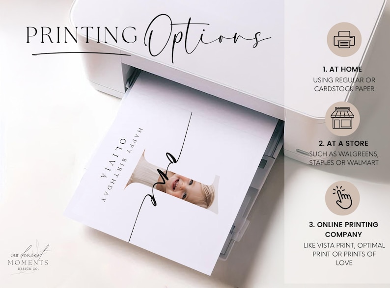 May include: A white card with black text that reads "Olivia Happy Birthday" with a photo of a child in the corner. The card is being printed on a white printer. The text "PRINTING Options" is at the top of the image. The image also includes three icons with text describing different printing options: "1. At Home using regular or cardstock paper", "2. At a Store such as Walgreens, Staples or Walmart", and "3. Online Printing Company like Vista Print, Optimal Print or Prints of Love".
