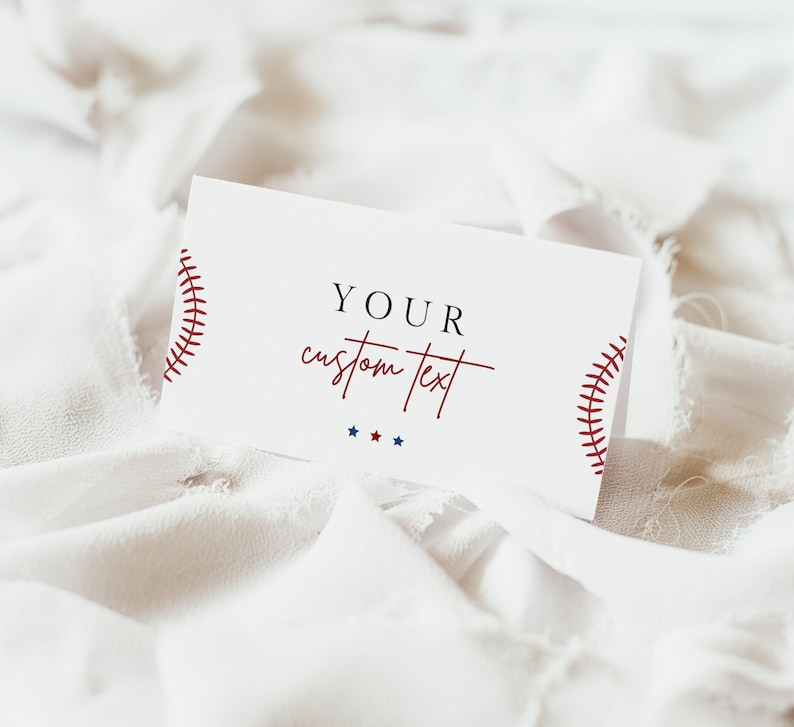 May include: A white card with red and blue baseball stitching on the sides. The card has the text "YOUR custom text" in black.