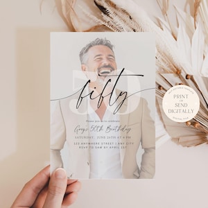 May include: A rectangular birthday invitation card featuring a photograph of a smiling person in a beige blazer. The text reads fifty, Please join us to celebrate Grey's 50th Birthday, SATURDAY, JUNE 26TH AT 4 PM, 123 ANYWHERE STREET | ANY CITY, RSVP TO SAM BY APRIL 1ST.