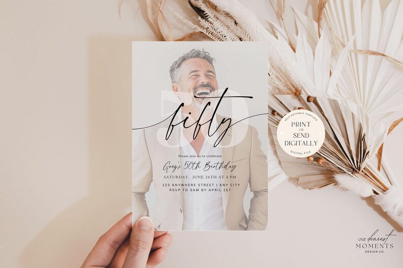May include: A rectangular birthday invitation card featuring a photograph of a smiling person in a beige blazer. The text reads fifty, Please join us to celebrate Grey's 50th Birthday, SATURDAY, JUNE 26TH AT 4 PM, 123 ANYWHERE STREET | ANY CITY, RSVP TO SAM BY APRIL 1ST.