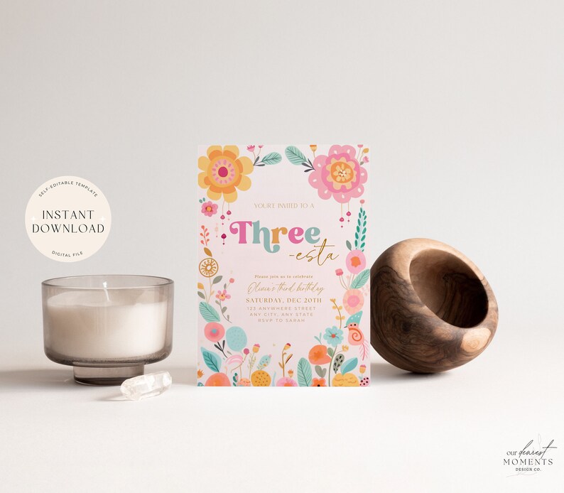 May include: A pink and white birthday invitation with colorful flowers and the text "You're invited to a Three-esta Oliver's third birthday Saturday, Dec 20th 121 Anywhere Street Any City, Any State RSVP to Taran"
