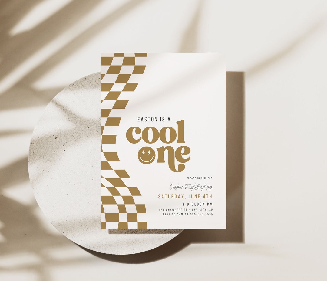 Invited Cool Cool One First Birthday Invitation Template Checkered Boho Smiley ...