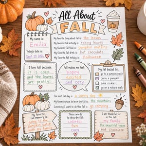 May include: A white paper activity sheet titled All About Fall with orange, green, and brown illustrations of pumpkins, leaves, and a coffee cup. The sheet contains handwritten text in various colours, including the name Emilia and the date Sept 20, 2026.