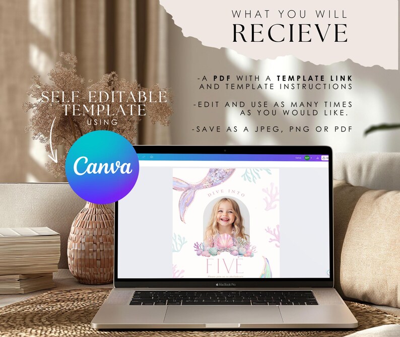 May include: A digital template for a mermaid-themed birthday invitation. The template features a watercolor illustration of a mermaid tail, seashells, and coral. The text "Dive into Five" is displayed in a circle with a photo frame inside. The template is editable using Canva.