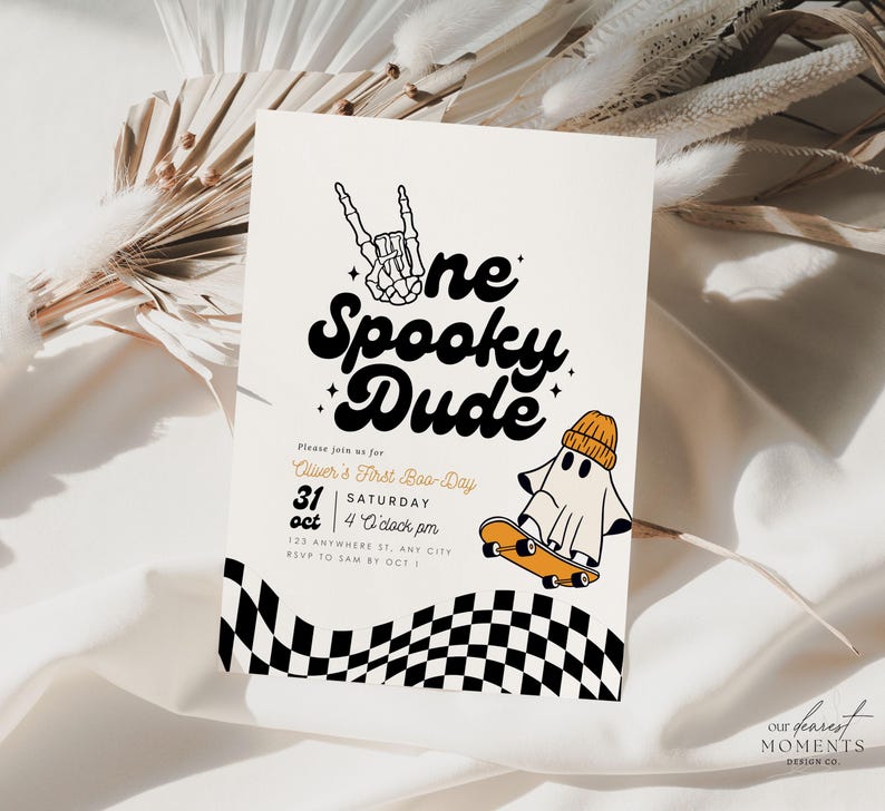 May include: A rectangular invitation card featuring the text One Spooky Dude, a skeleton hand sign, and a ghost wearing an orange beanie on a skateboard. The bottom border has a black and white checkerboard pattern, with event details printed in black.