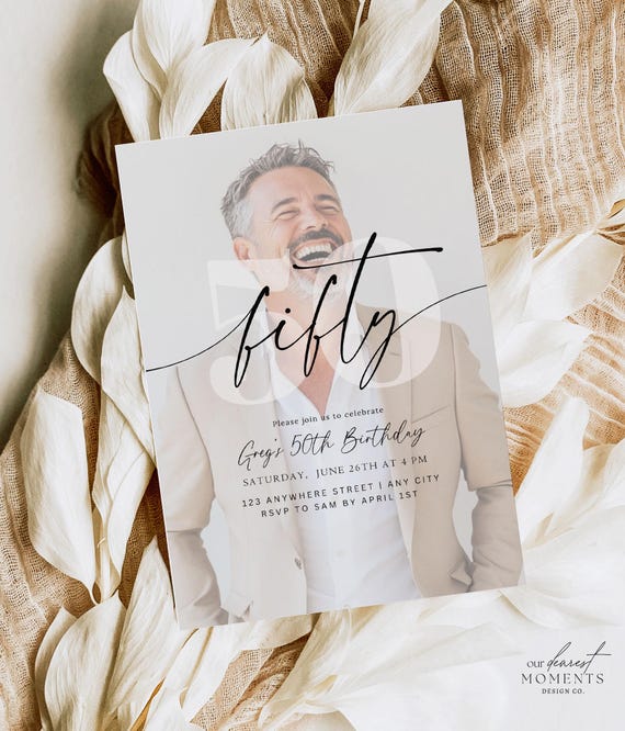 50th Birthday Invitation Template 50 th Digital Invite with Photo Instant Download Fifty and Fabulous Minimalist Birthday Printable Him Her