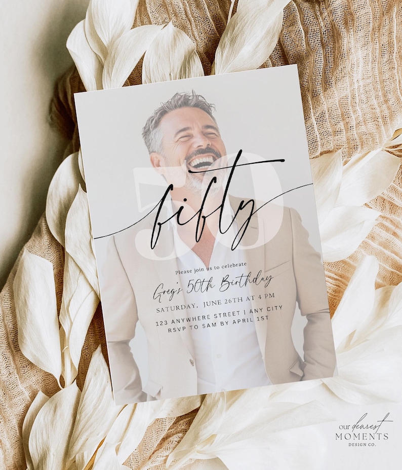 May include: A white invitation card with a black and white photo of a man smiling. The card has black text that says "Please join us to celebrate Greg's 50th Birthday" and includes details about the event, such as the date, time, and location. The card also has a black cursive font that says "fifty" on the top left corner.