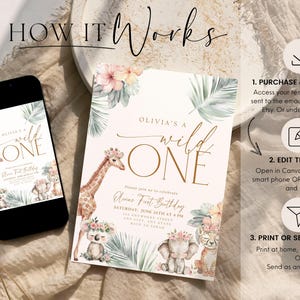 May include: Editable digital invitation for a first birthday party with a jungle theme. The invitation features a giraffe, elephant, and tiger with floral accents. The text reads "Olivia's a Wild One" and includes details for the party, such as the date, time, and location.