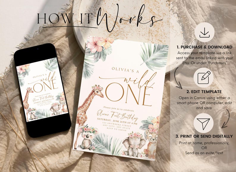 May include: Editable digital invitation for a first birthday party with a jungle theme. The invitation features a giraffe, elephant, and tiger with floral accents. The text reads "Olivia's a Wild One" and includes details for the party, such as the date, time, and location.