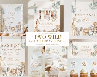 Editable Two Wild Boy Birthday Bundle Safari Animal Birthday Package 2nd Birthday Invite Set with Photo Boho First Birthday Jungle 2 nd Boys