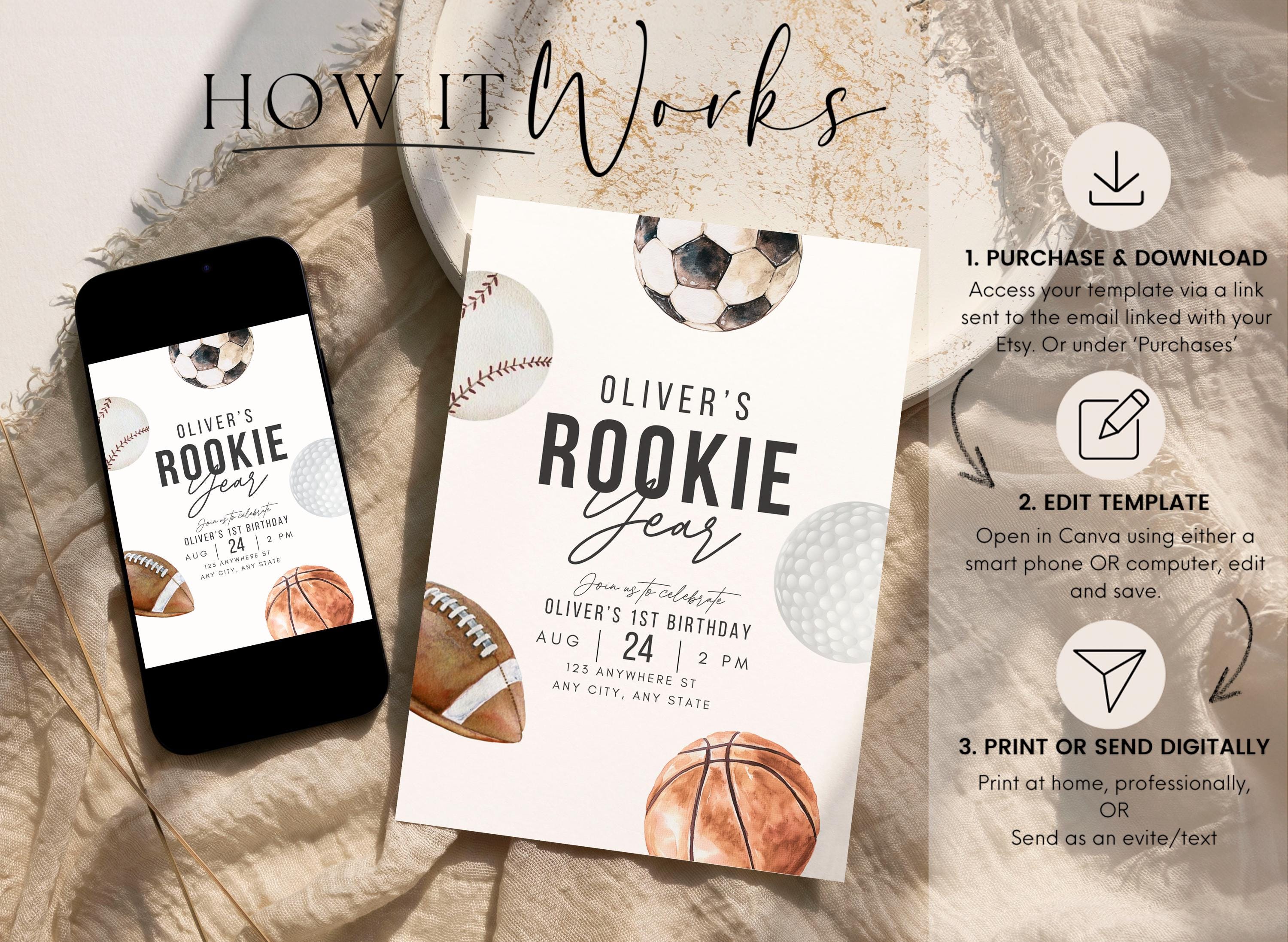 Editable Rookie Year Sports First Birthday Invitation Digital Template ...