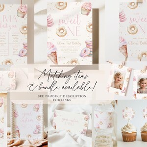 May include: A set of printable party decorations for a first birthday party with a donut and ice cream theme. The decorations include a welcome sign, a banner, cupcake toppers, and water bottle labels. The decorations are pink, white, and gold with watercolor illustrations of donuts and ice cream.