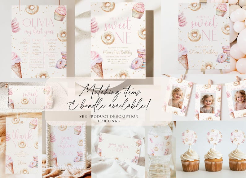 May include: A set of printable party decorations for a first birthday party with a donut and ice cream theme. The decorations include a welcome sign, a banner, cupcake toppers, and water bottle labels. The decorations are pink, white, and gold with watercolor illustrations of donuts and ice cream.