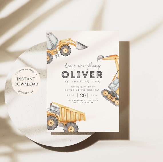 Editable Construction Invitation Construction Boy Birthday Invitations Dump Truck Party Invite Printable Template Digital Instant Download