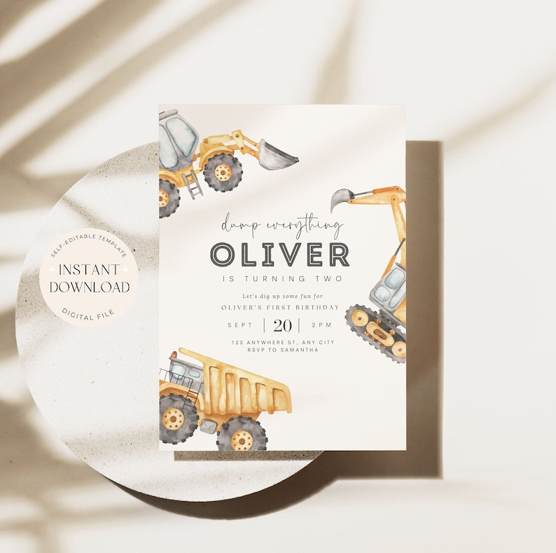 Editable Construction Invitation Construction Boy Birthday Invitations Dump Truck Party Invite Printable Template Digital Instant Download zdjęcie 1