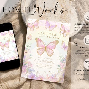 K&ouml;nnte beinhalten: Eine digitale druckbare Einladung zu einer Geburtstagsfeier mit einem Schmetterlings-Motiv. Die Einladung zeigt einen rosa und goldenen Schmetterling mit dem Text "Flutter on over" und einem floralen Design. Der Text "How it Works" befindet sich oben im Bild, und die Schritte zum Herunterladen, Bearbeiten und Drucken der Einladung sind auf der rechten Seite des Bildes aufgef&uuml;hrt.