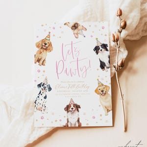 May include: A party invitation featuring watercolor illustrations of various dog breeds wearing party hats. The invitation reads "Let's Pawty!" in pink script, with event details below. Pink paw prints and confetti decorate the white background.