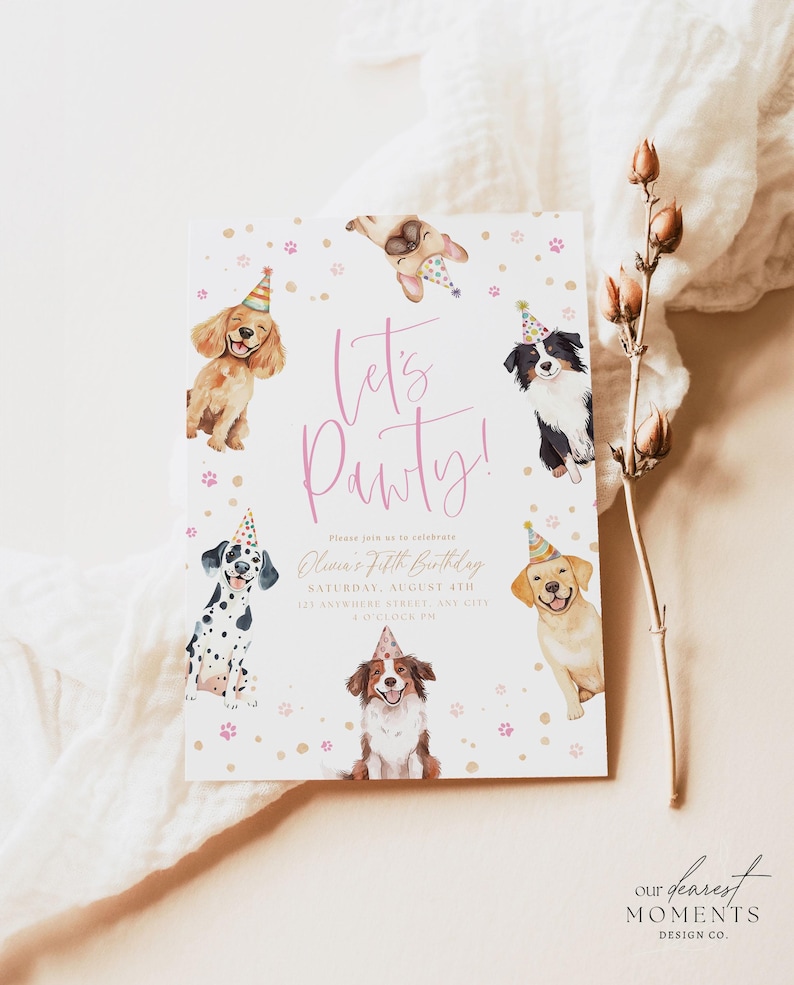 May include: A party invitation featuring watercolor illustrations of various dog breeds wearing party hats. The invitation reads "Let's Pawty!" in pink script, with event details below. Pink paw prints and confetti decorate the white background.