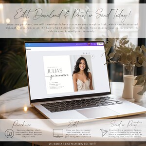 K&ouml;nnte beinhalten: Ein Laptop zeigt eine Vorlage f&uuml;r eine Quincea&ntilde;era-Einladung. Das Design zeigt ein Foto einer jungen Frau mit dem Text "JULIA'S quincea&ntilde;era". Anweisungen zum Bearbeiten, Herunterladen und Drucken sind enthalten. Der Text "Edit, Download & Print or Send Today!" steht oben.