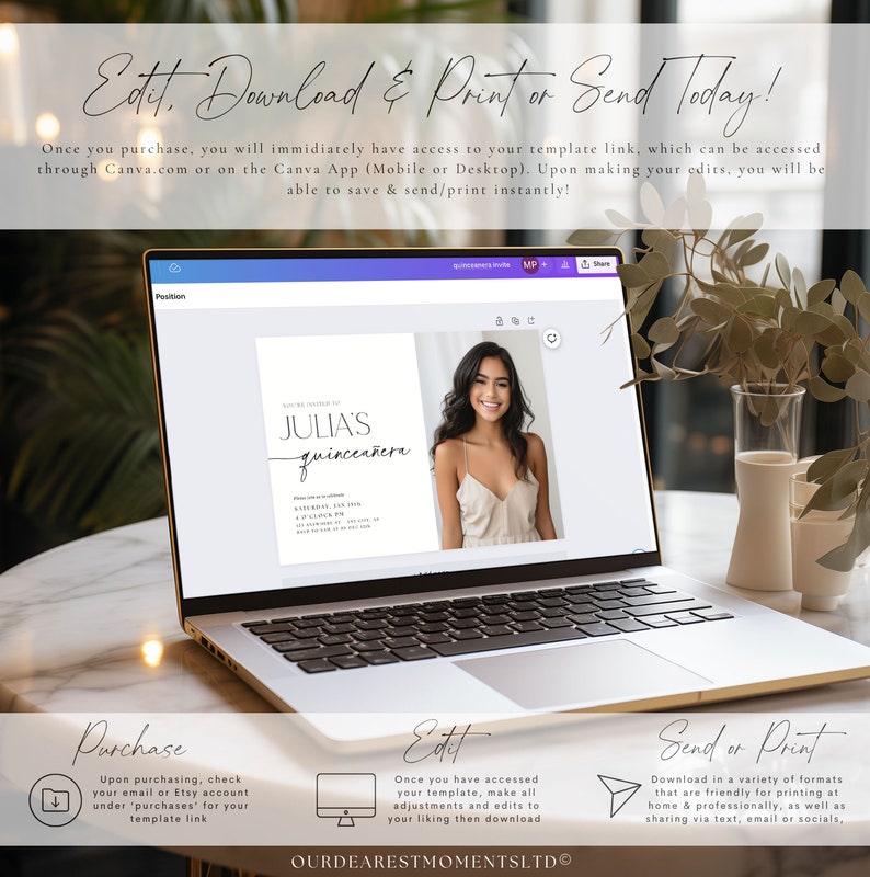 K&ouml;nnte beinhalten: Ein Laptop zeigt eine Vorlage f&uuml;r eine Quincea&ntilde;era-Einladung. Das Design zeigt ein Foto einer jungen Frau mit dem Text "JULIA'S quincea&ntilde;era". Anweisungen zum Bearbeiten, Herunterladen und Drucken sind enthalten. Der Text "Edit, Download & Print or Send Today!" steht oben.