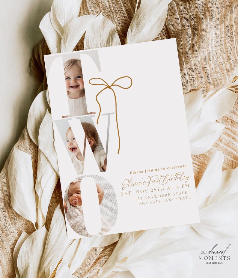May include: A white invitation card with the word "TWO" in large, stylized letters, each letter containing a photo of a baby. The card includes text announcing a first birthday celebration, with a gold bow graphic.