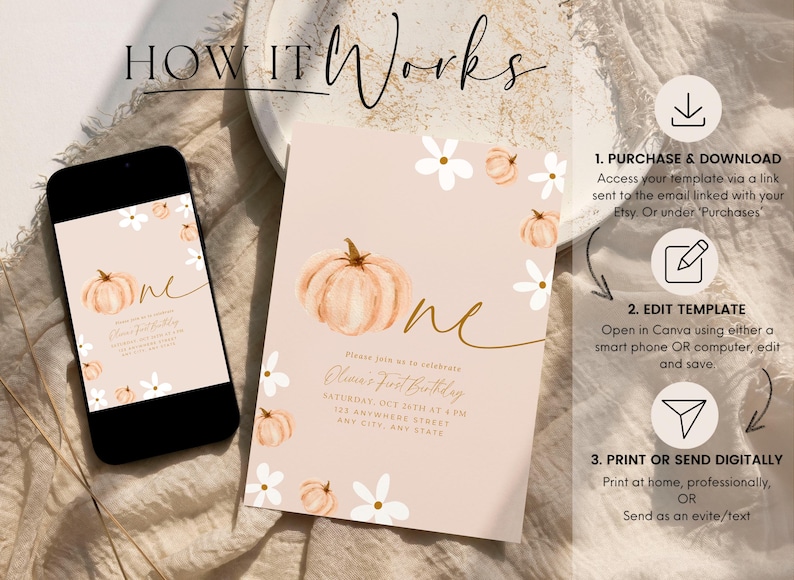 Pu&ograve; includere: Un invito per il primo compleanno color rosa con un design di zucca e fiori ad acquerello. L'invito &egrave; visualizzato su uno smartphone e su una scheda stampata. Il testo recita "How it Works" e "One".