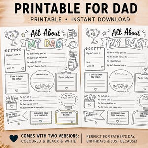 Puede incluir: Cuestionario imprimible "Todo sobre mi pap&aacute;" en dos versiones: a color y en blanco y negro. Presenta secciones para completar con ilustraciones de un trofeo, palos de golf y una taza de caf&eacute;. Perfecto para el D&iacute;a del Padre, cumplea&ntilde;os o porque s&iacute;.