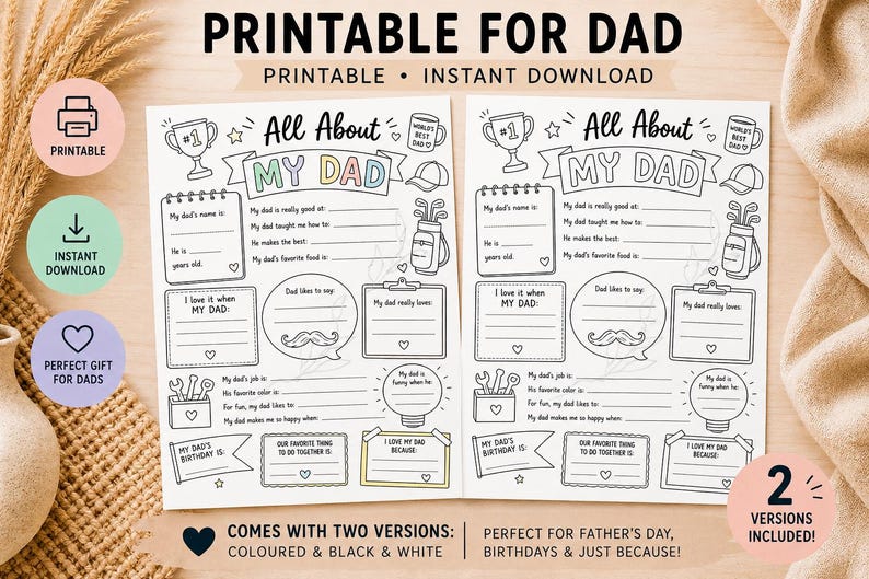 Puede incluir: Cuestionario imprimible "Todo sobre mi pap&aacute;" en dos versiones: a color y en blanco y negro. Presenta secciones para completar con ilustraciones de un trofeo, palos de golf y una taza de caf&eacute;. Perfecto para el D&iacute;a del Padre, cumplea&ntilde;os o porque s&iacute;.