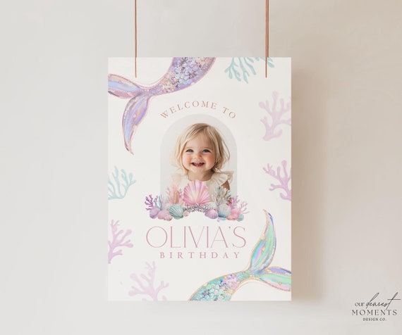 Editable Mermaid Birthday Welcome Sign ANY AGE Birthday Welcome Poster Under the Sea Theme Girl Digital Template Instant Download Pastel