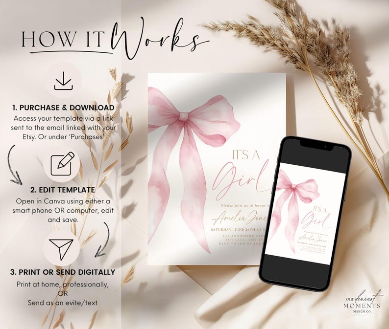 K&ouml;nnte beinhalten: Eine digitale Babyparty-Einladungsvorlage mit einer aquarellierten rosa Schleife und dem Text 'IT'S A Girl'. Das Bild zeigt eine gedruckte Karte und einen Smartphone-Bildschirm mit demselben Design sowie Anweisungen 'HOW IT WORKS' zum Herunterladen, Bearbeiten in Canva und Drucken oder digitalen Versenden.