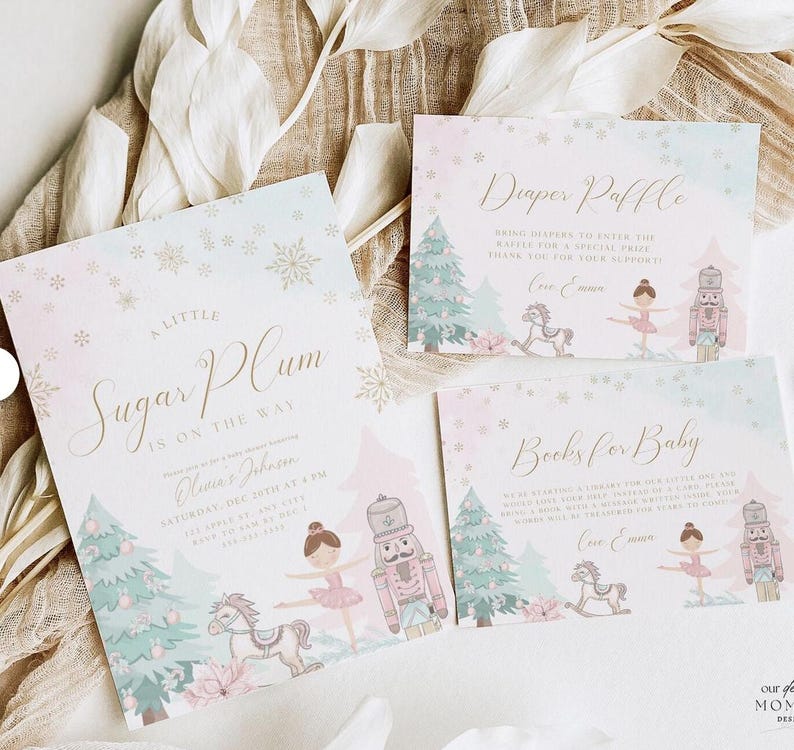 May include: Baby shower invitations and cards with a winter theme. The invitations feature a ballerina, nutcracker, rocking horse, and Christmas trees in pastel colors. The text reads "A Little Sugar Plum is on the Way."