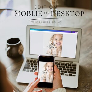 May include: A laptop and a smartphone displaying a digital birthday invitation with a photo of a young girl. The invitation is for a third birthday and features the text "Three" in a cursive font. The text "Edit on Mobile or Desktop" is displayed above the laptop.