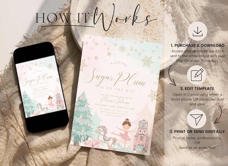 May include: A digital invitation with a "Sugar Plum" theme, featuring a ballerina, nutcracker, and horse illustration. The invitation is displayed on a smartphone and a printed card, with instructions for use.