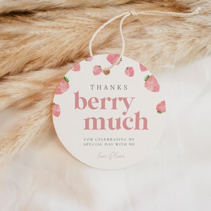 Self-Editbale Berry Pierwsze urodziny Etykieta z podziękowaniami Etykieta Pierwsze urodziny Upominek Truskawka Boho Minimalistyczny wystrój dla malucha Etykieta na torbę upominkową