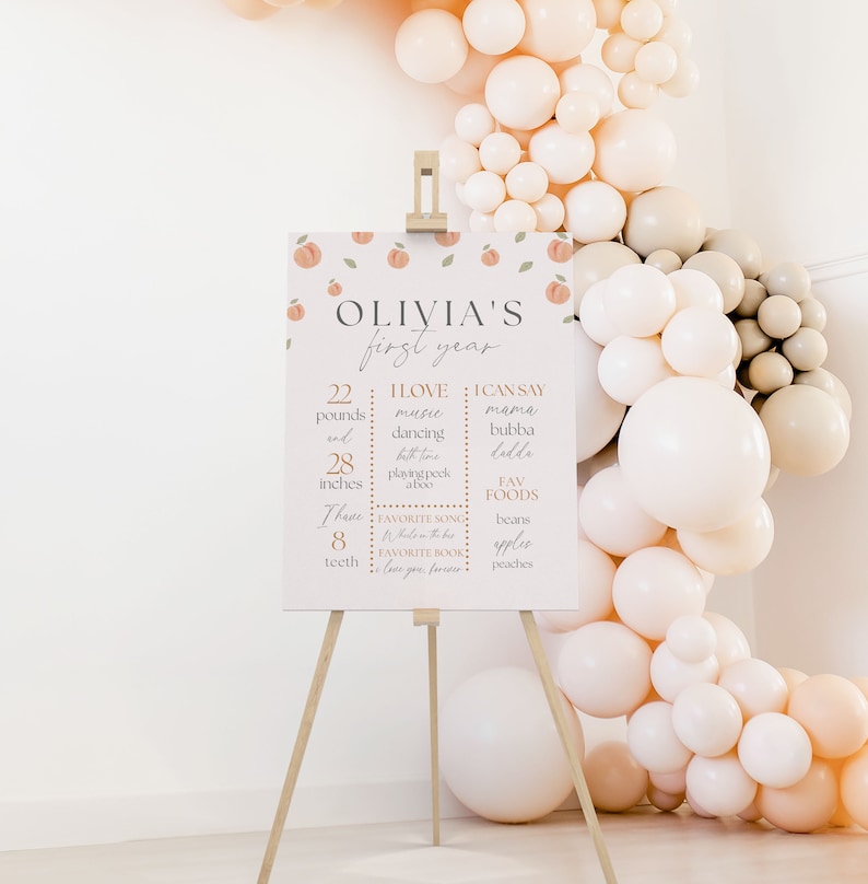May include: A peach-themed first birthday sign for a baby girl named Olivia. The sign lists her age, weight, height, favorite foods, songs, and books. It also includes a list of words she can say.