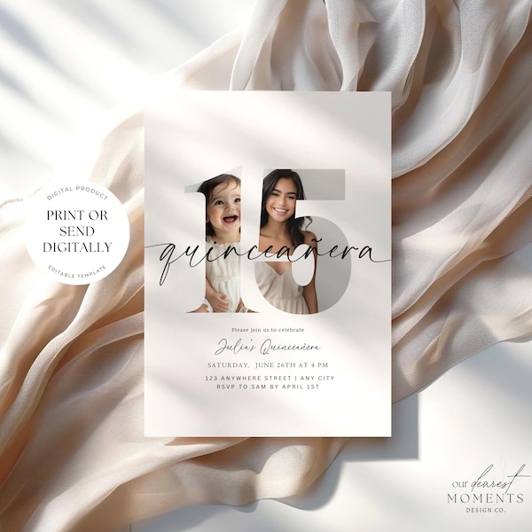 Editable Quinceañera Invitation Quinceanera Digital Invite 15th birthday Invite Printable Minimalist Modern Invitation with Picture Template