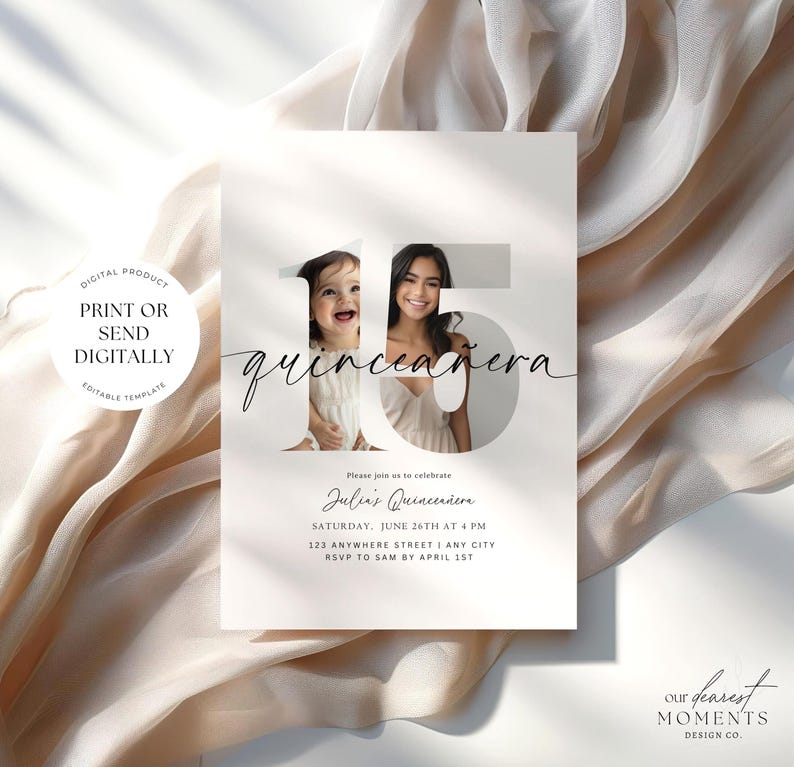 May include: A white quincea&ntilde;era invitation with the number 15 and the word "quincea&ntilde;era" in script. The invitation includes photos of a young girl and a young woman. The text reads "Please join us to celebrate Julie's Quincea&ntilde;era."