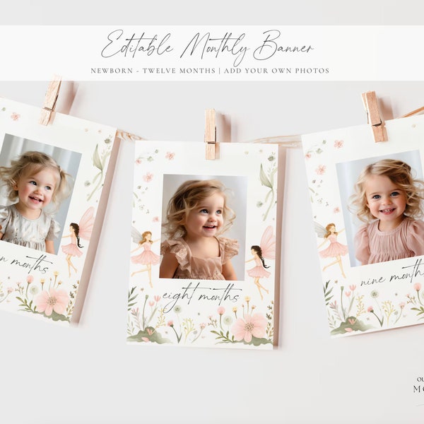 Editable Fairy First Birthday Party Monthly Banner Magical Fairy Birthday Theme, Newborn-12 Month Photo Banner, 1 Year Old Photo Banner Boho