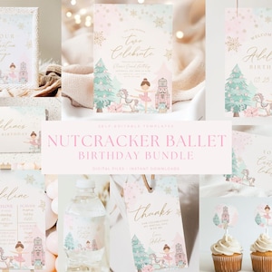 Editable Second Christmas Nutcracker Birthday Bundle Girl 2nd Birthday Package Xmas Editable Template Instant Download Pink Pastel Ballet